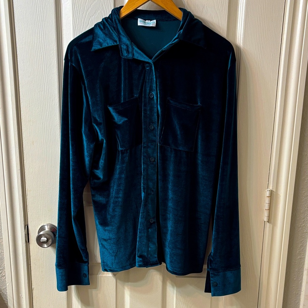 Teal Velvet Button-Up Shirt Size XL